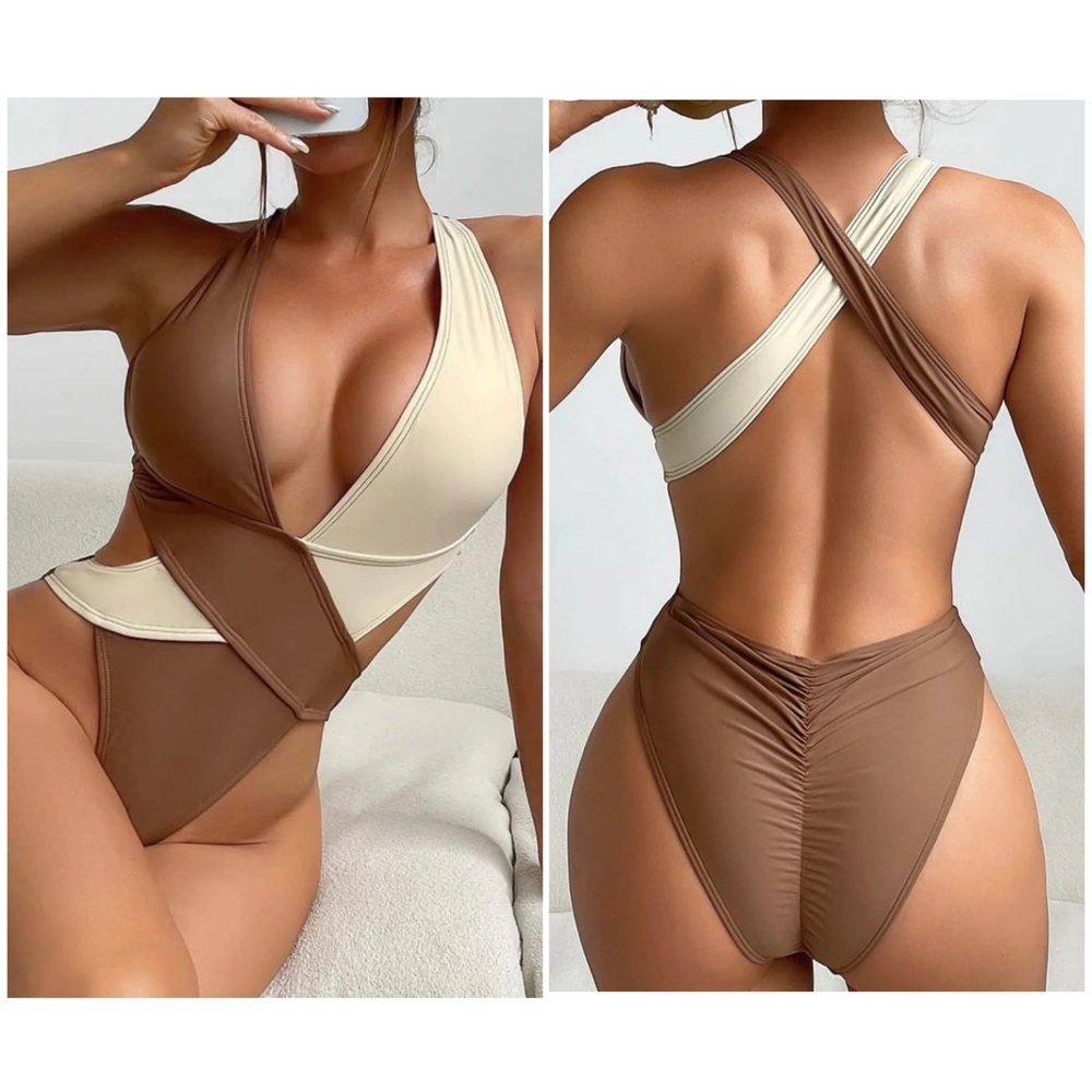 Brown Cream Colorblock Halter Cutout Swimsuit